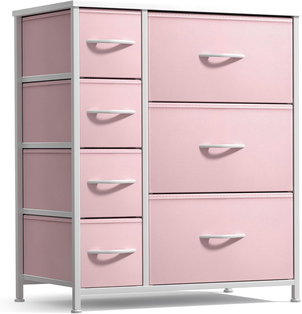 Sorbus Dresser with 7 Drawers - Furniture Storage Chest for Kid’s, Teens, Bedroom, Nursery, Playroom, Clothes, Toys - Steel Frame, Wood Top, Tie-dye Fabric Bins (7-Drawer, Pastel Pink)