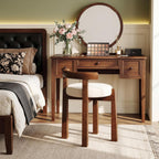 Wood Vanity Stool with Faux Wool Cushion, Upholstered Makeup Chair with Solid Wood Frame, Round Vanity Ottoman Seat for Makeup, Bedroom, Living Room, 20-Minute Assembly (Only Stool)