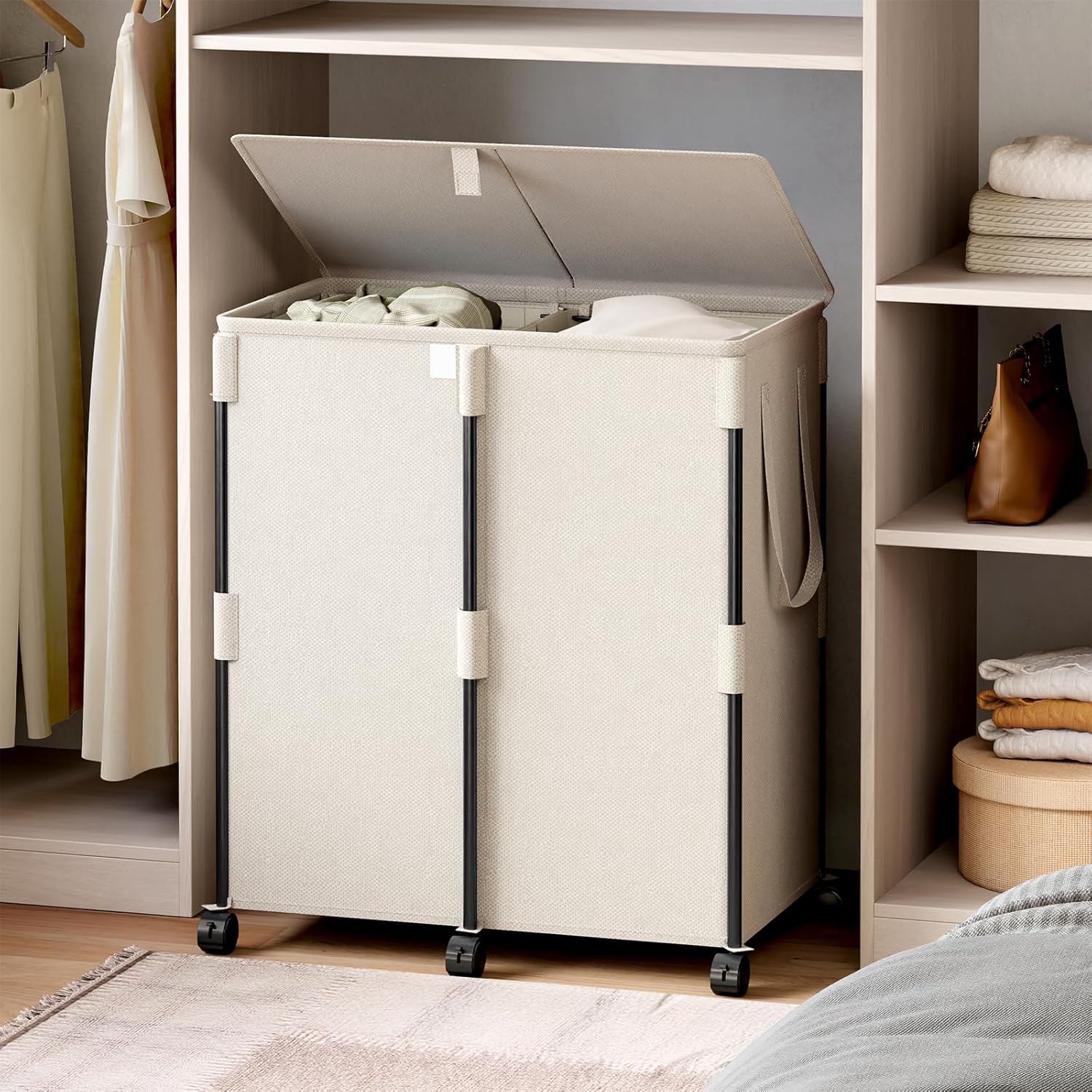 140L Double Laundry Hamper with Lid and 6 Wheels, Rolling Laundry Basket with 2 Removable Bags, Heavy Duty Metal Frame Clothes Cart, 2-Section Laundry Sorter for Bedroom, Bathroom (White)