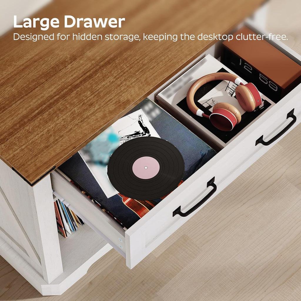 YATINEY Large Record Player Stand with Charging Station, Turntable Stand with Drawer, Vinyl Record Storage, End Side Table for Living Room,Vintage White and Brown ET75UWH