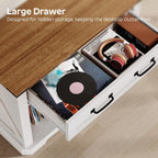 YATINEY Large Record Player Stand with Charging Station, Turntable Stand with Drawer, Vinyl Record Storage, End Side Table for Living Room,Vintage White and Brown ET75UWH