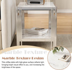 19" White Marble Side Table, 2-Tier Square Modern End Table with Silver Stainless Steel Metal Leg, Luxury Small Sofa Table for Living Room, Home Office