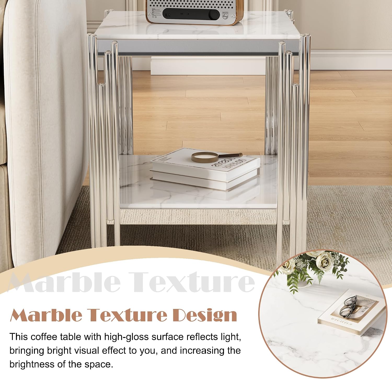 19" White Marble Side Table, 2-Tier Square Modern End Table with Silver Stainless Steel Metal Leg, Luxury Small Sofa Table for Living Room, Home Office