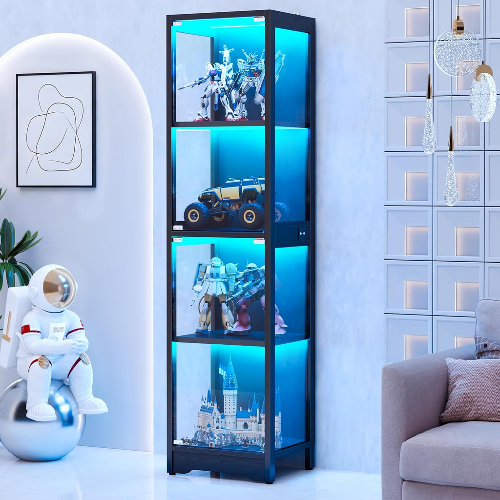 DreamDashio Display Cabinet with Glass Doors, 4-Tier Curio Cabinet with App RGB Lights for Collectibles, Display Case with Human Body Sensor, Corner Cabinet, Bookcase, Storage Cabinets, Black
