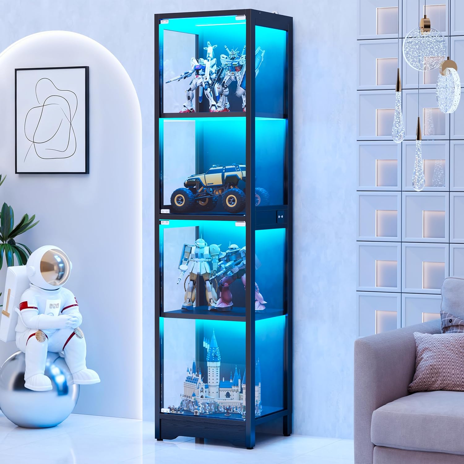 DreamDashio Display Cabinet with Glass Doors, 4-Tier Curio Cabinet with App RGB Lights for Collectibles, Display Case with Human Body Sensor, Corner Cabinet, Bookcase, Storage Cabinets, Black