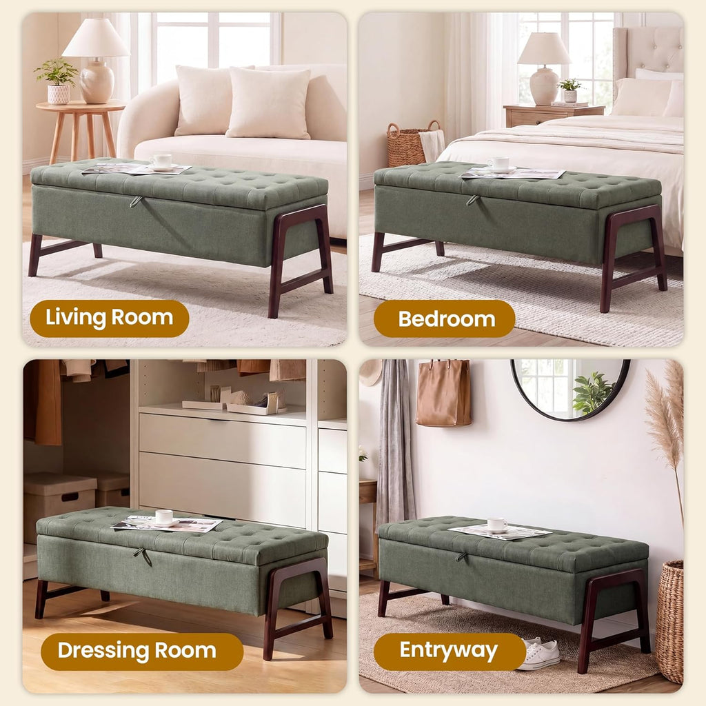 48" Ottoman with Storage,Storage Ottoman Bench with Hinge, Upholstered Entryway Bench with Seating for Bedroom, Living Room, Green