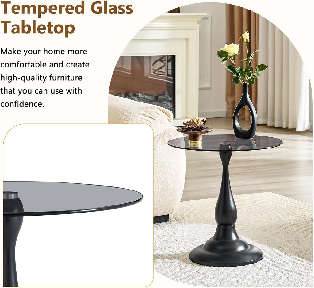 Modern Round Side Table, Gray Glass Top End Table with Black Metal Pedestal Base, Elegant Small Accent Side Tables for Living Room, Bedroom, Corner, and Office