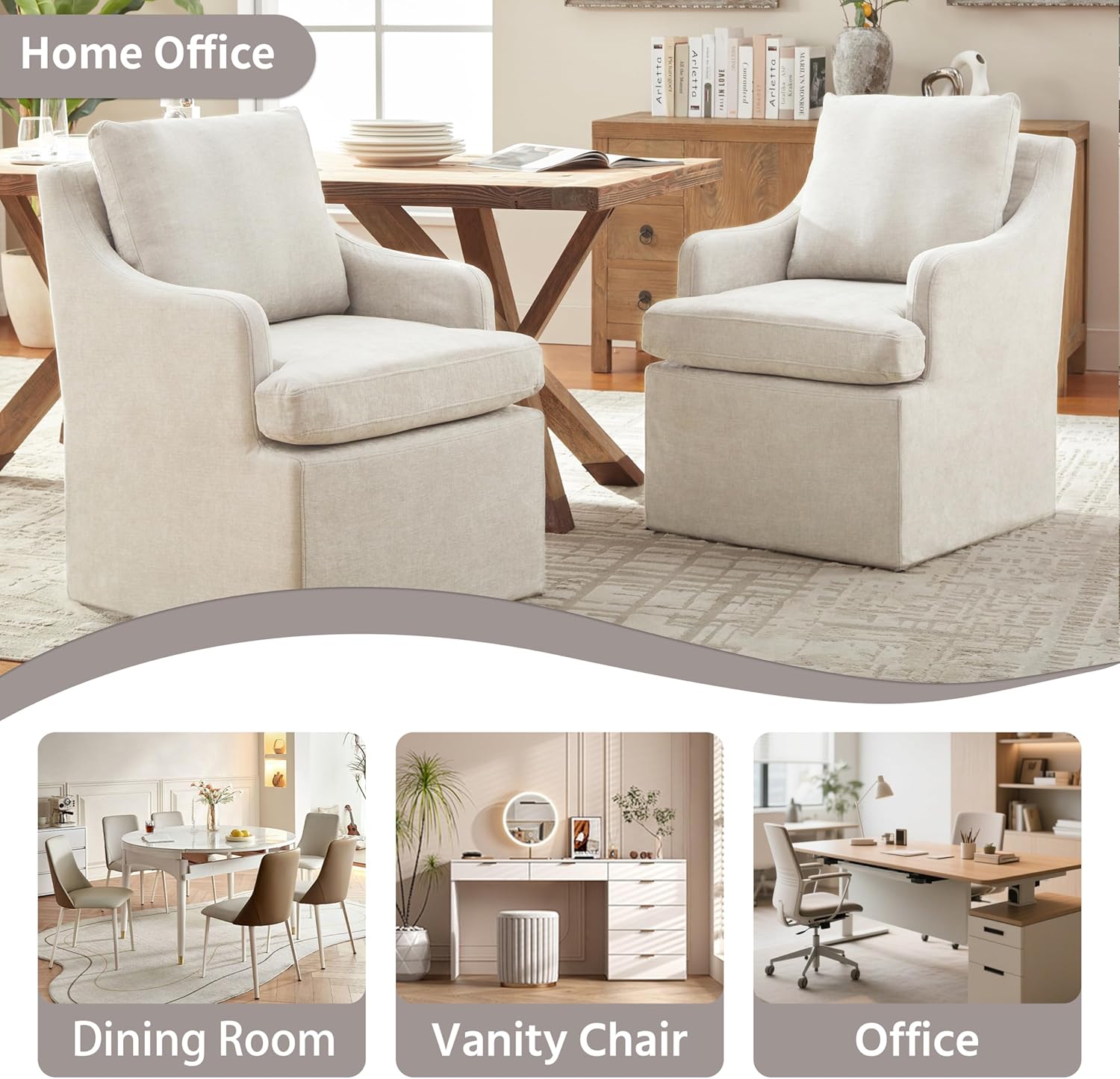 VKNOW Upholstered Dining Chairs Set of 2, Modern Kitchen Chairs Dinner Chairs with 4 Casters, Chenille Armchair for Bedroom Reading Room Living Room, Beige