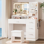 LIVELYGLOW Makeup Vanity Desk with Smart LED Mirror & Charging Station, 34.1" White Vanity Table Set with Cushioned Stool, 4 Drawers & Hairdryer Rack, Modern Bedroom Dressing Table-White