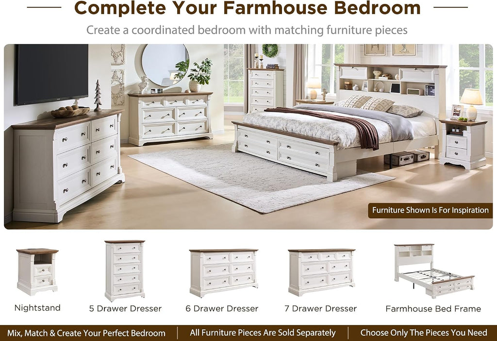 6 Drawers Dresser for Bedroom 54" Wide Wood Nursery Dressers w/Roman Column | Large Dressers & Chests of Drawers, Wooden Dresser TV Stand for Nursery Bedroom Living Room Hallway, Antique White
