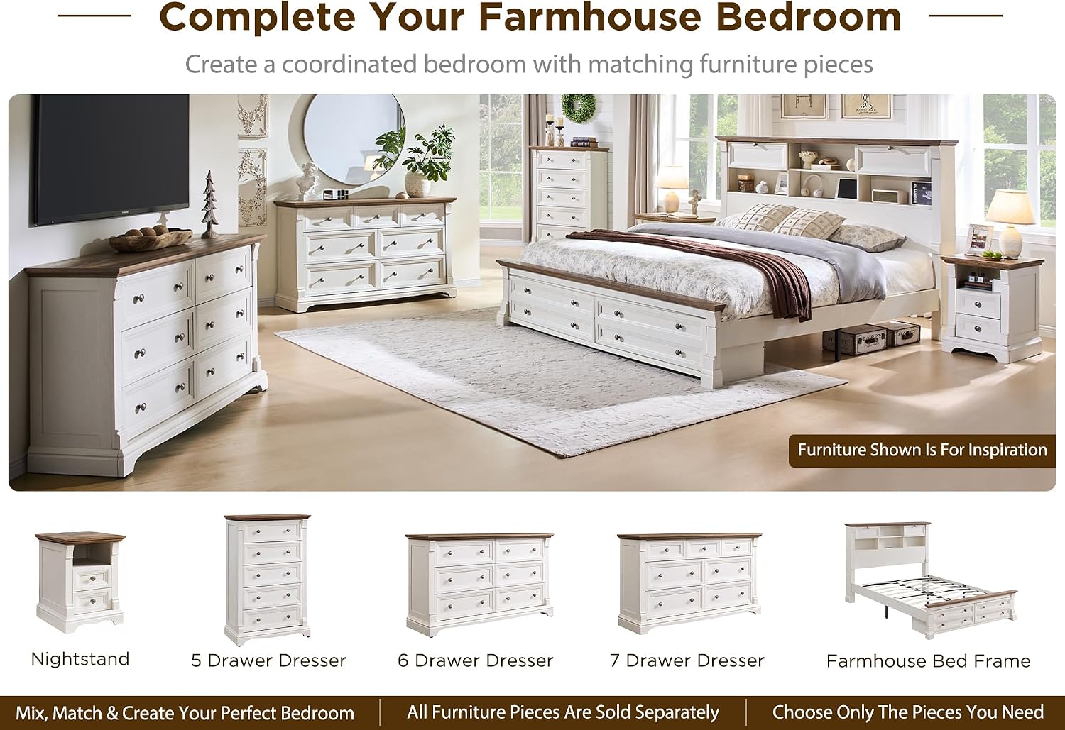 6 Drawers Dresser for Bedroom 54" Wide Wood Nursery Dressers w/Roman Column | Large Dressers & Chests of Drawers, Wooden Dresser TV Stand for Nursery Bedroom Living Room Hallway, Antique White