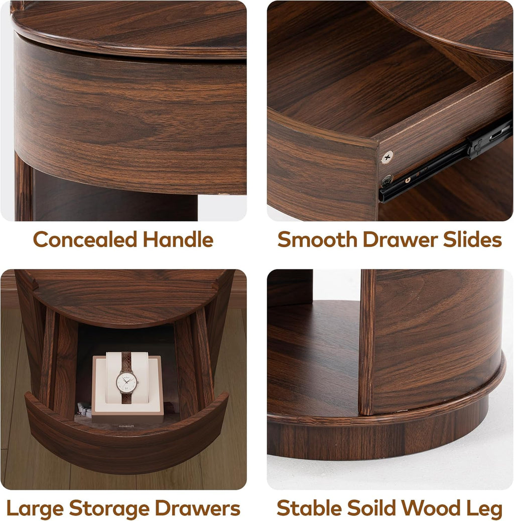 Chogori Solid Wood End Table Set of 2 with Drawer & Storage Shelf – Walnut Round Accent Nightstand, Farmhouse Side Table for Small Spaces, Living Room, Easy Assembly