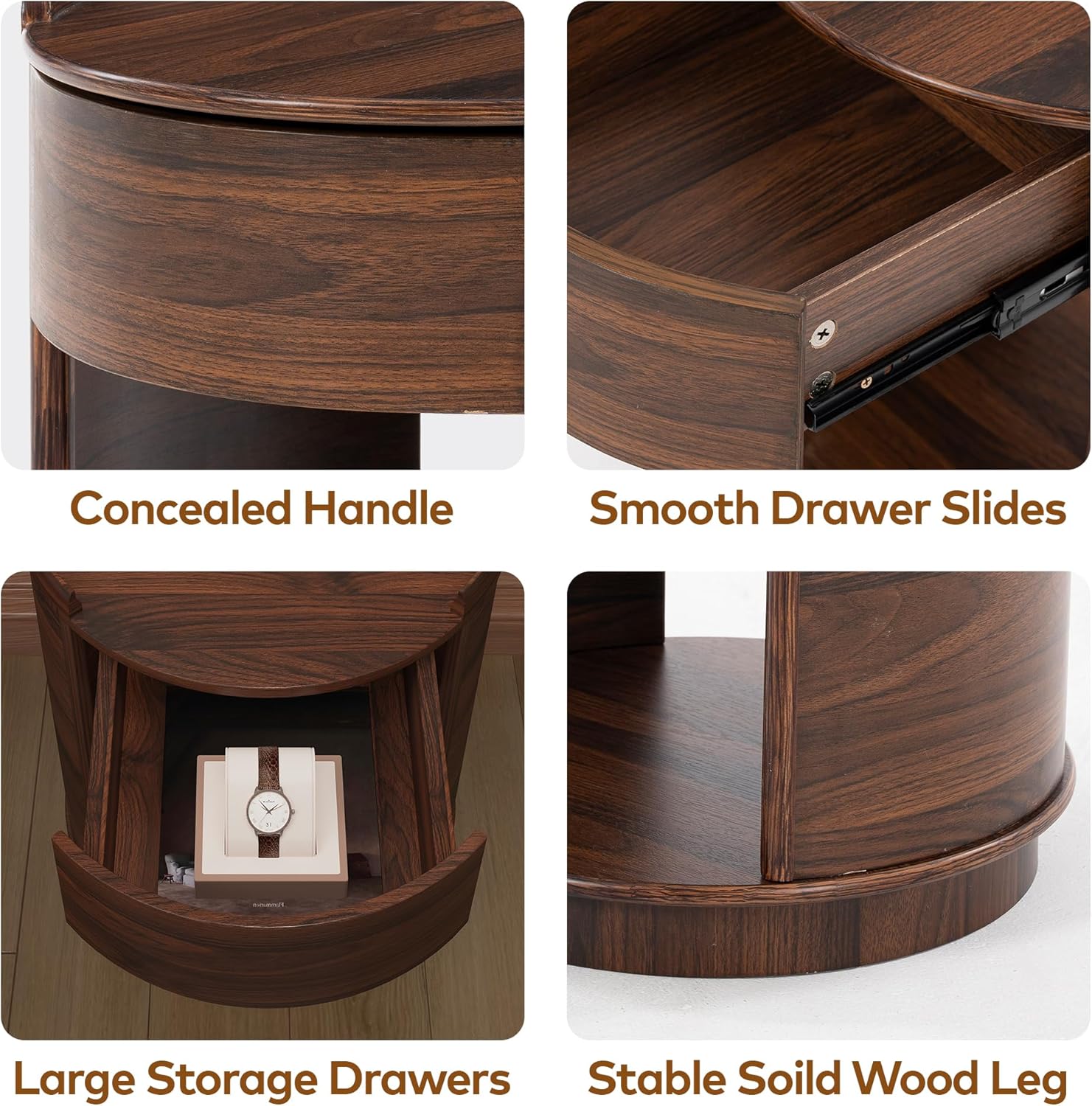 Chogori Solid Wood End Table Set of 2 with Drawer & Storage Shelf – Walnut Round Accent Nightstand, Farmhouse Side Table for Small Spaces, Living Room, Easy Assembly