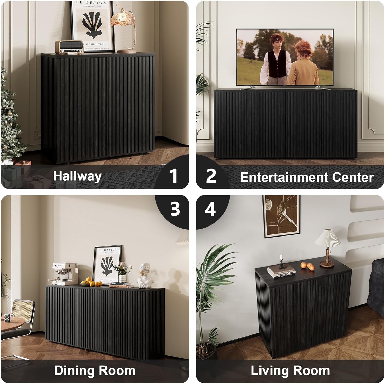 Rophefx Fluted Sideboard Cabinet, 63" Buffet Cabinet with Storage, Credenza Storage Cabinets with Adjustable Shelf, Wood Entryway Cabinets with Pop-up Doors for Living Room, Entryway, Black Grey
