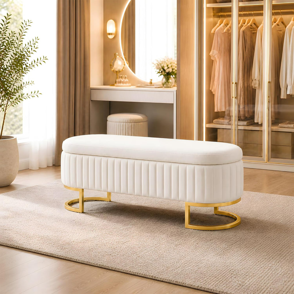 50.5" Velvet Storage Bench for Bedroom, Queen Size End of Bed Bench with Gold Legs, Modern Glam Channeled Tufted Ottoman Bench for Entryway, Living Room, Window Seat, Beige