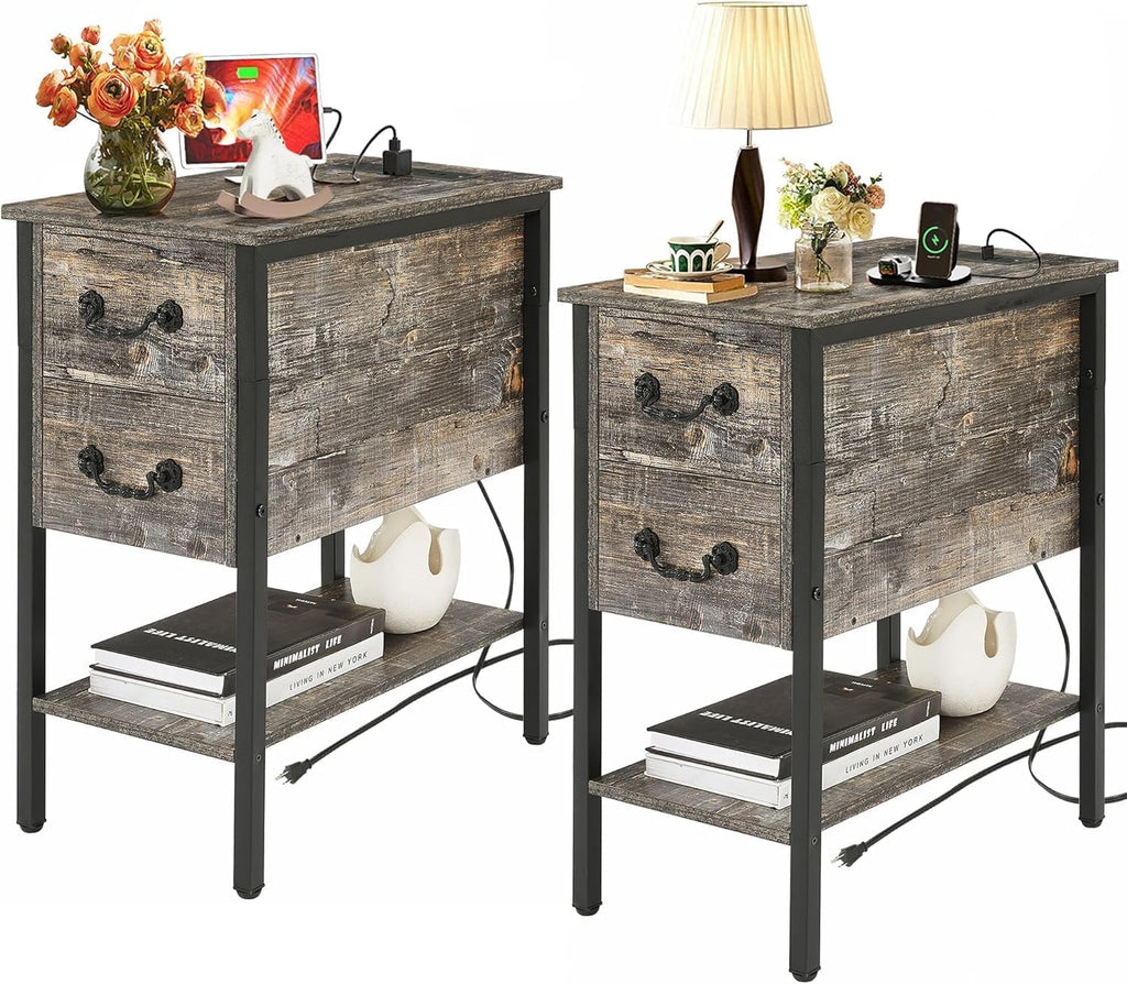 VECELO End Tables,Narrow Nightstands with Charging Station & USB Ports &Drawers,Night Stand for Living Room, Bedroom,Dust Grey