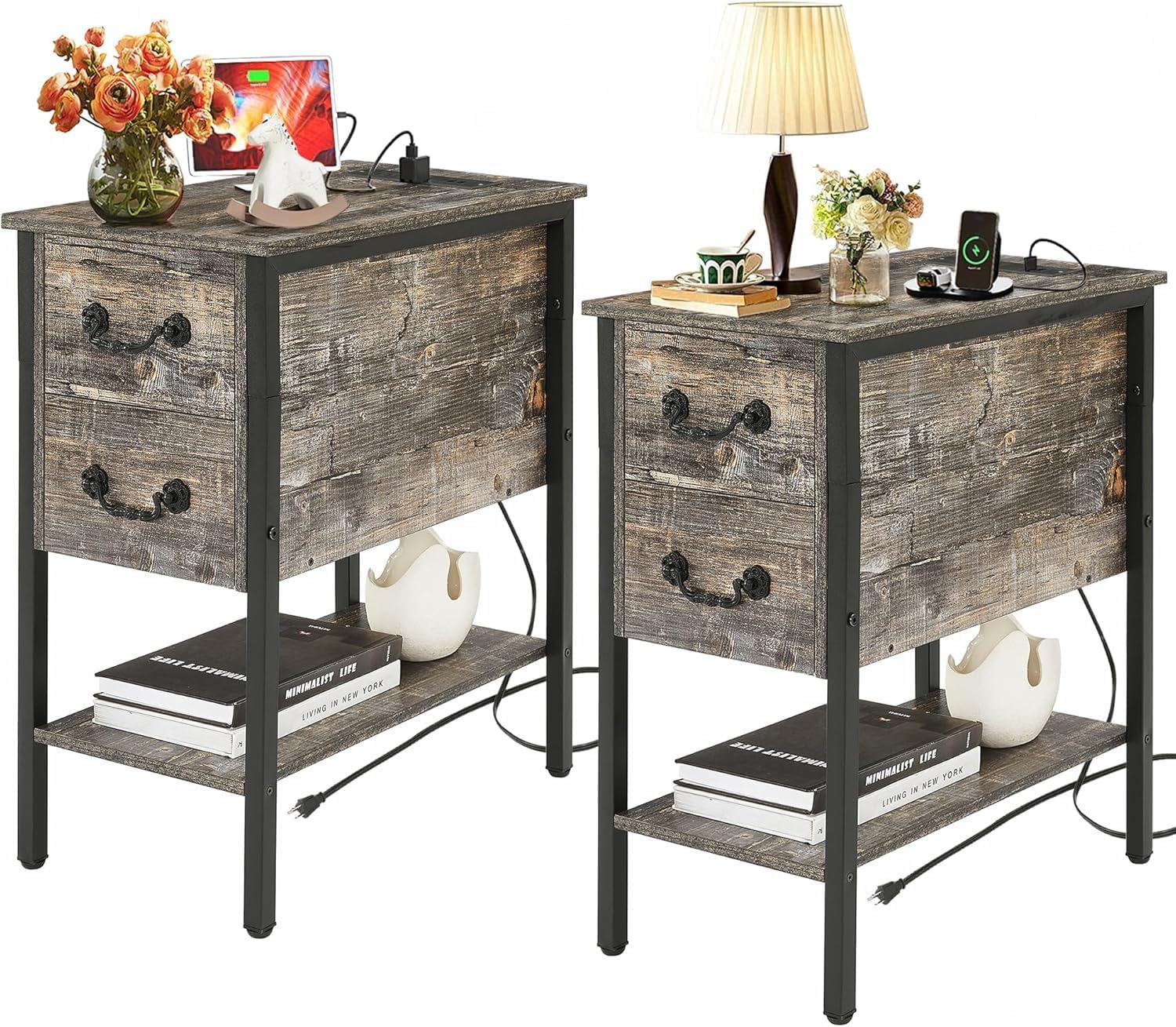 VECELO End Tables,Narrow Nightstands with Charging Station & USB Ports &Drawers,Night Stand for Living Room, Bedroom,Dust Grey