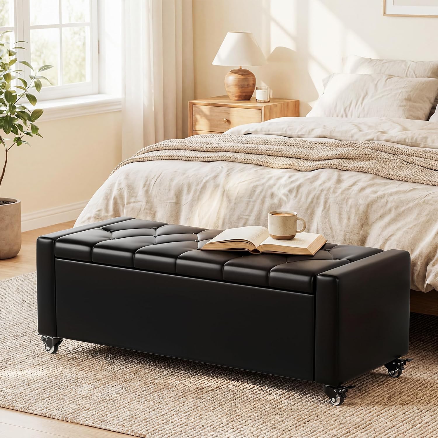 50” Ottoman Bench with Storage, Upholstered Faux Leather End of Bench for Bedroom, Load up to 660 lb, Fixed Base & Movable Swivel Wheels，Rectangular Tufted Entryway with Safety Hinge (Black)