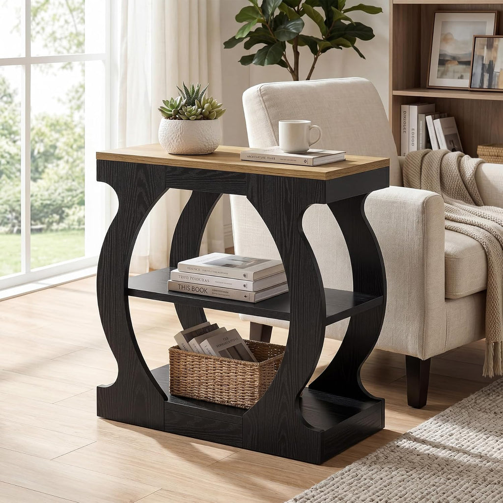 Tribesigns End Table with 3-Tier Storage, Narrow Side Table with Curved Frame, Wooden Nightstand for Living Room, Small Spaces, Bedroom, Rustic Brown & Black