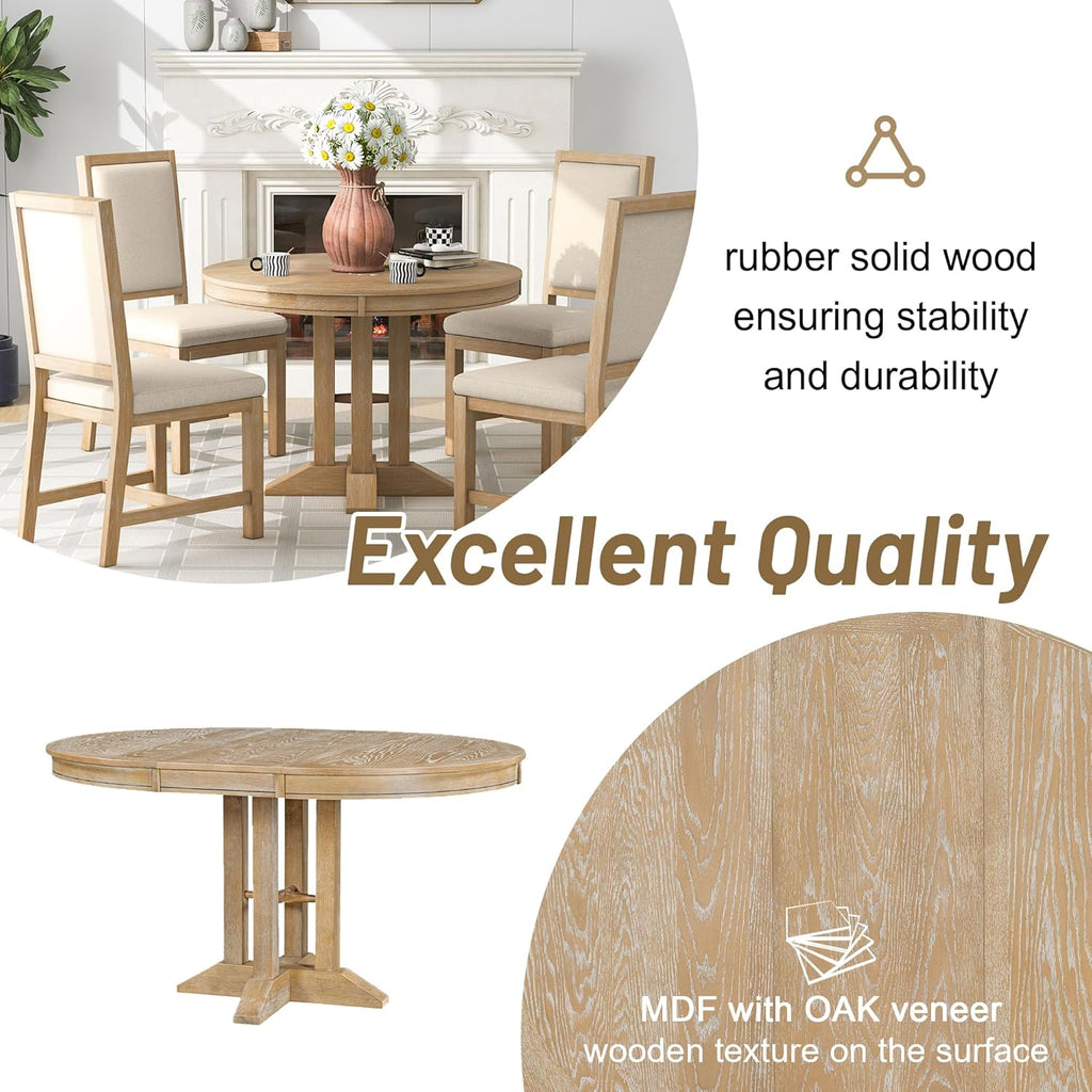 Merax Farmhouse Expandable Round Dining Table, 42 to 56 Inch Vintage Solid Wood Kitchen Table with Removable Oval Leaf, Retro Distressed Finish for Dining Room, Seats 6, Natural