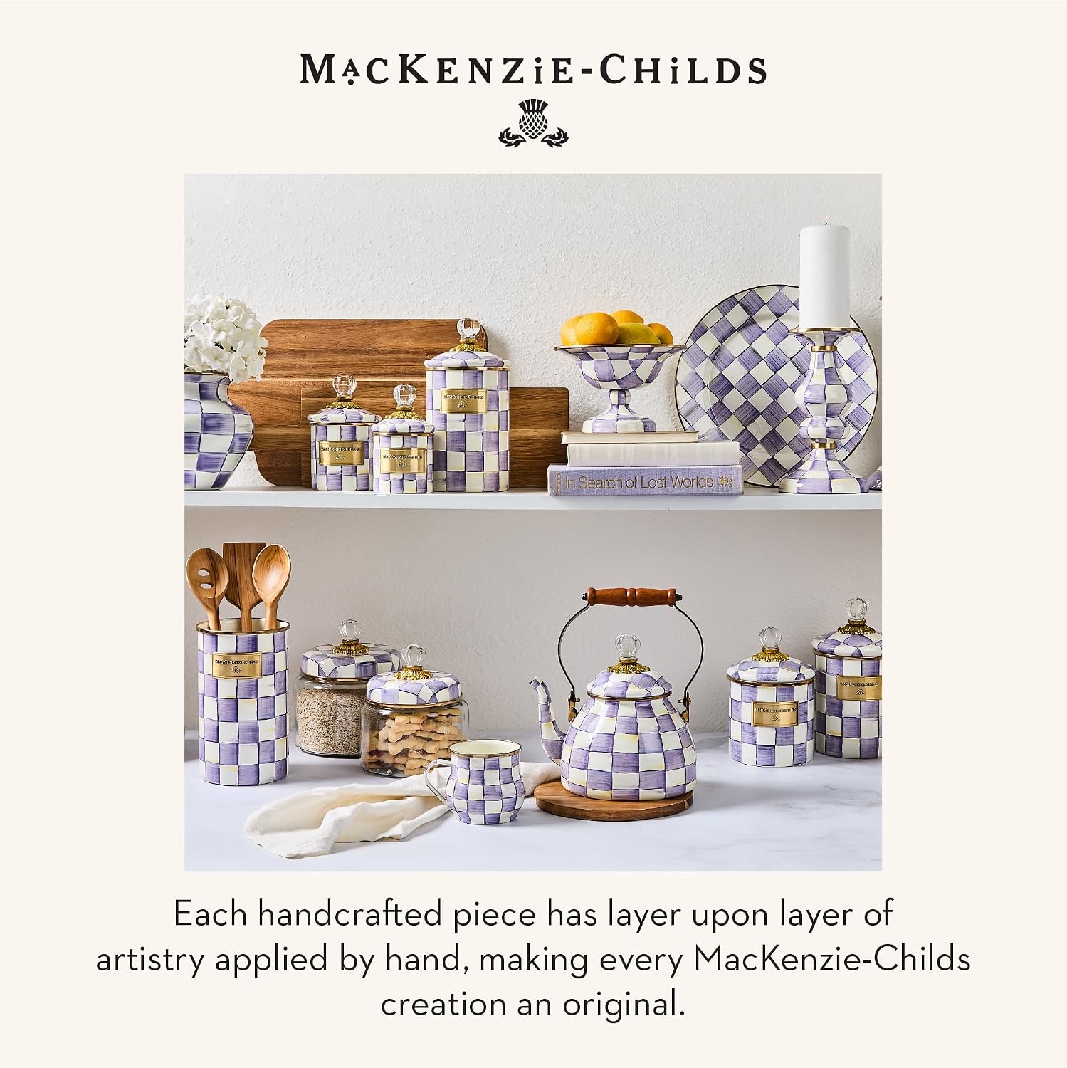 MACKENZIE-CHILDS Enamel Canister, Versatile Kitchen Storage Container for Flour and Sugar, Mini, 14-Ounce Capacity, Purple-and-White Violet Check