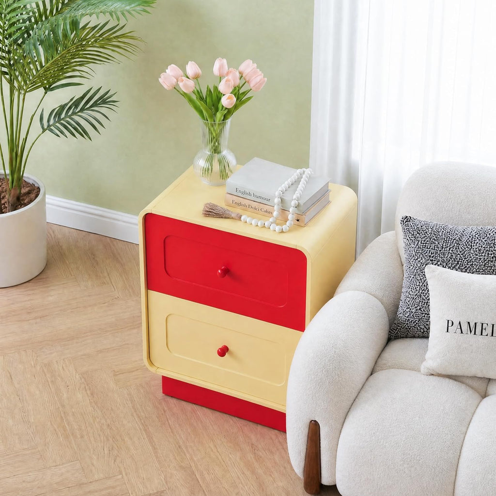Red and Yellow Nightstand with Safe Curved Edges 2 Drawers for Kids Bedroom | ANBUY Modern Wooden Bedside Table for Toddler Room, End Table , Cute Side Table for Living Room, Nursery, Hallway