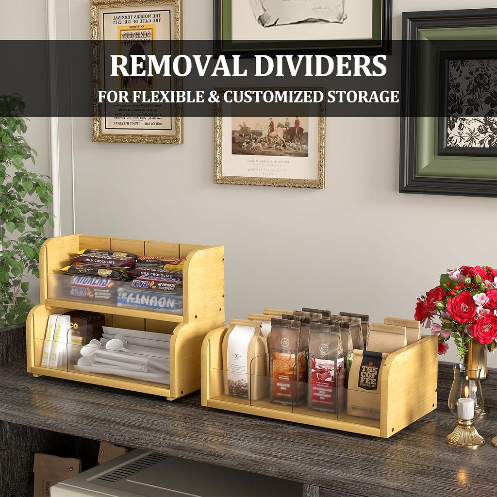 3 Layer Bamboo Tea Bag Organizer, Stackable Tea Storage Holder | Tea Storage Containers with Acrylic Dividers, FSC-certified Bamboo, Easy Assembly