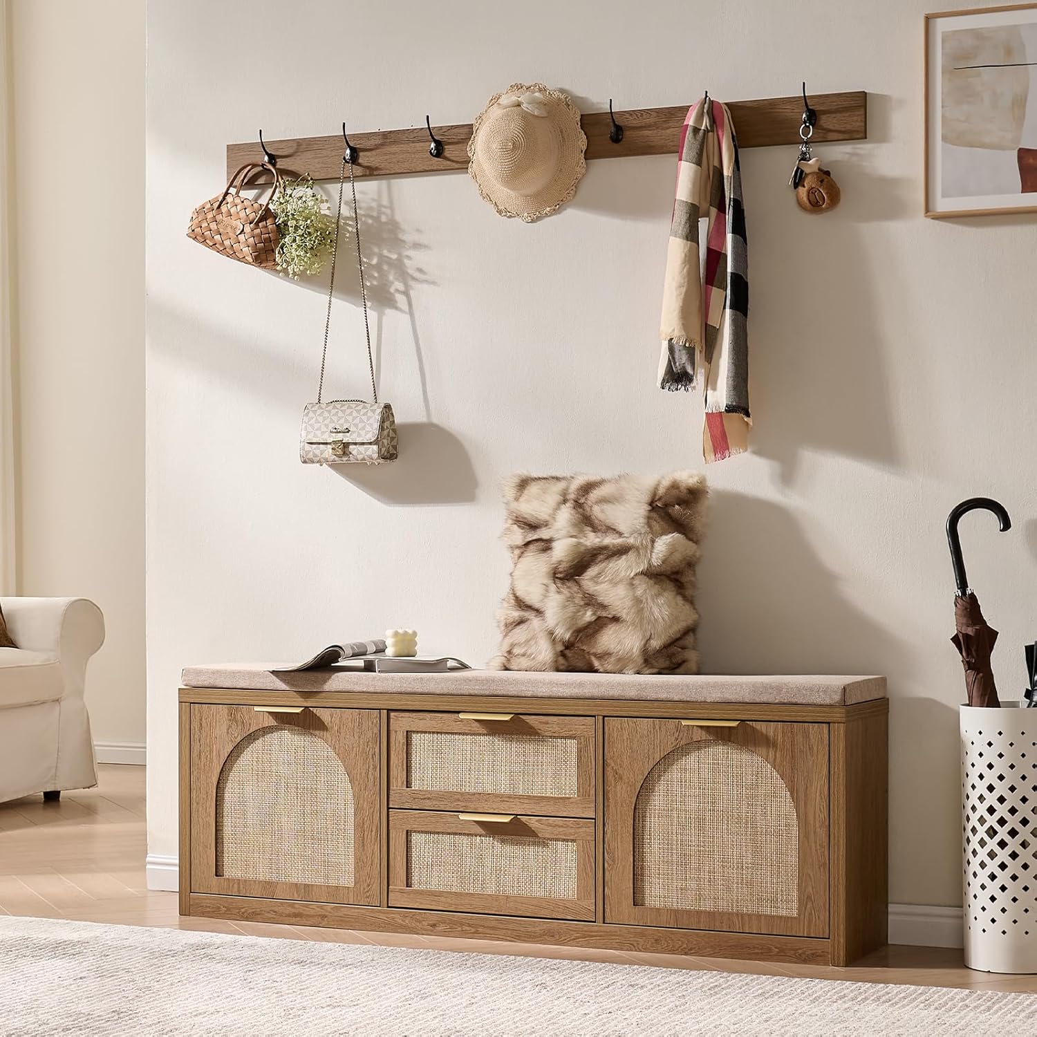 Rattan Narrow Entryway Bench with Shoe Storage, 4 Drawers & Coat Rack, Mid-Century Modern Wood Shoe Cabinet with Seat Cushion for Foyer/Hallway (Rustic Oak Rattan)