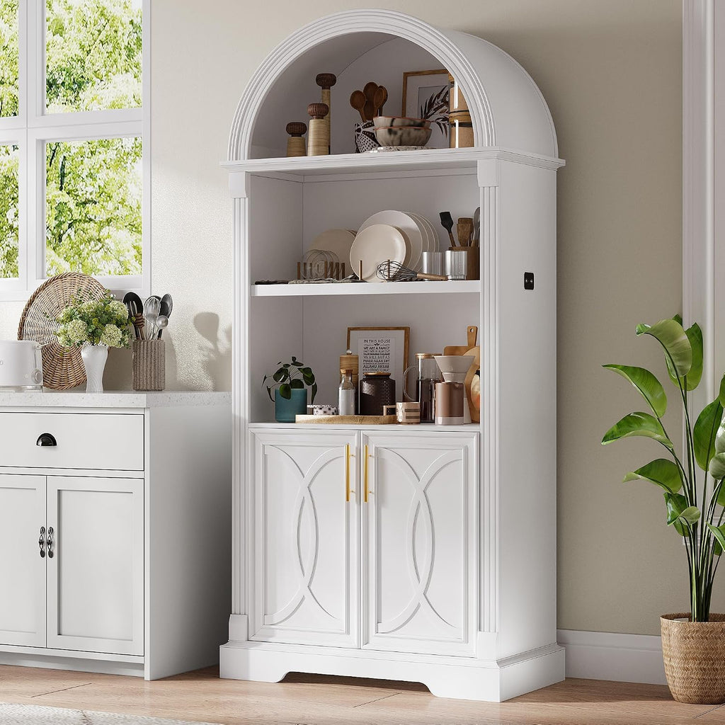Vlsrka 71" Tall Arched Cabinet, Kitchen Pantry Cabinets, Arched Bookshelf/Bookcase,China Cabinet, Wood Kitchen Storage Cabinets with Open & Adjustable Shelves, Induction 3 Color Lights, White