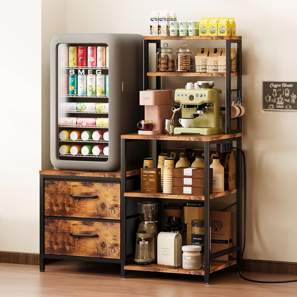 Homeiju Mini Fridge Stand Coffee Bar Cabinet with 5 Storage Shelves and 2 Large Drawers, Baker Rack with Power Outlet, Mini Fridge Shelf for Kitchen, Living Room, Office, Rustic Brown