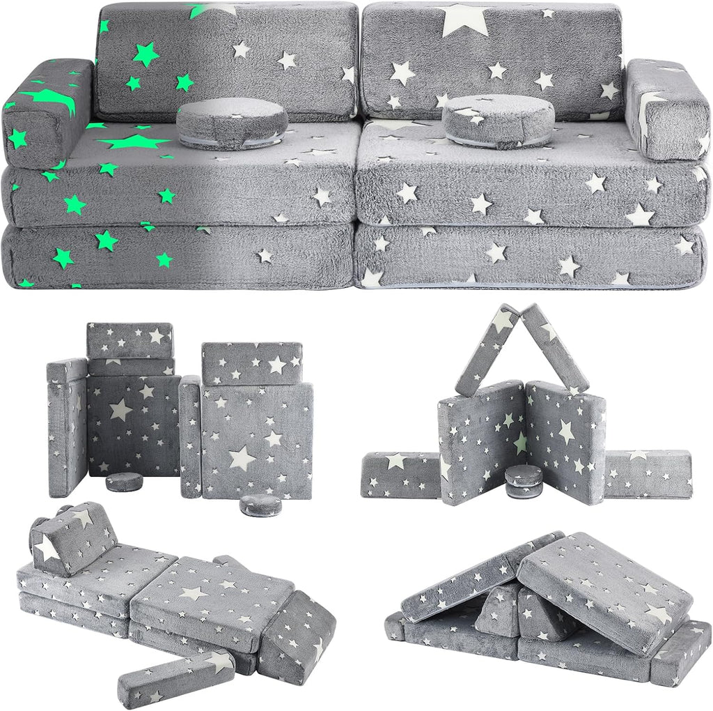 Kids Play Couch, 10Pcs Toddler Sofa,Modular Kids Couch for Playing, Creativing, Sleeping (Grey Stars)