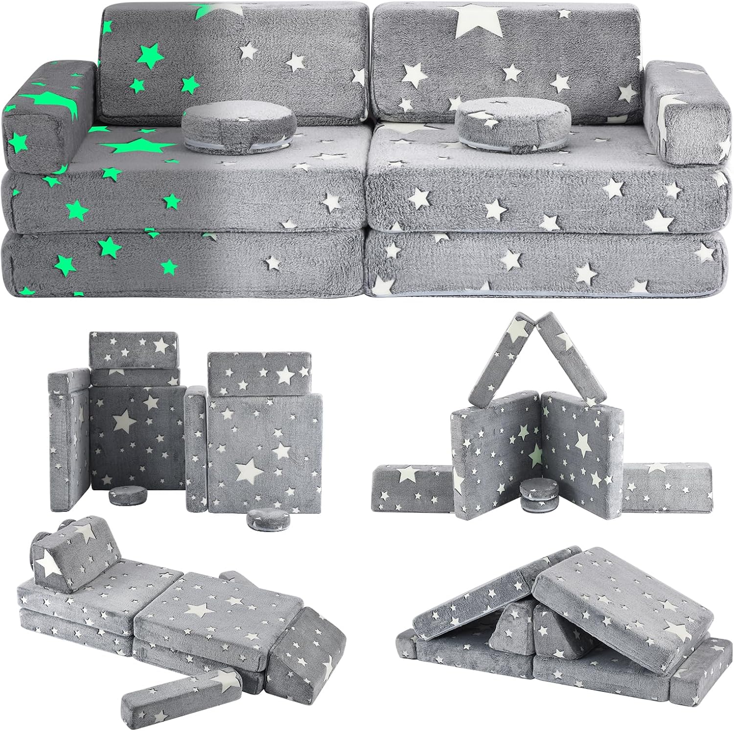 Kids Play Couch, 10Pcs Toddler Sofa,Modular Kids Couch for Playing, Creativing, Sleeping (Grey Stars)