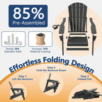 Folding Adirondack Chair with Cup Holder, HDPE All Weather Resistant Plastic Outdoor Patio Chairs with Footrest, Heavy Duty Fire Pit Seating for Backyard Lawn Garden, Wood Textured(Gray)
