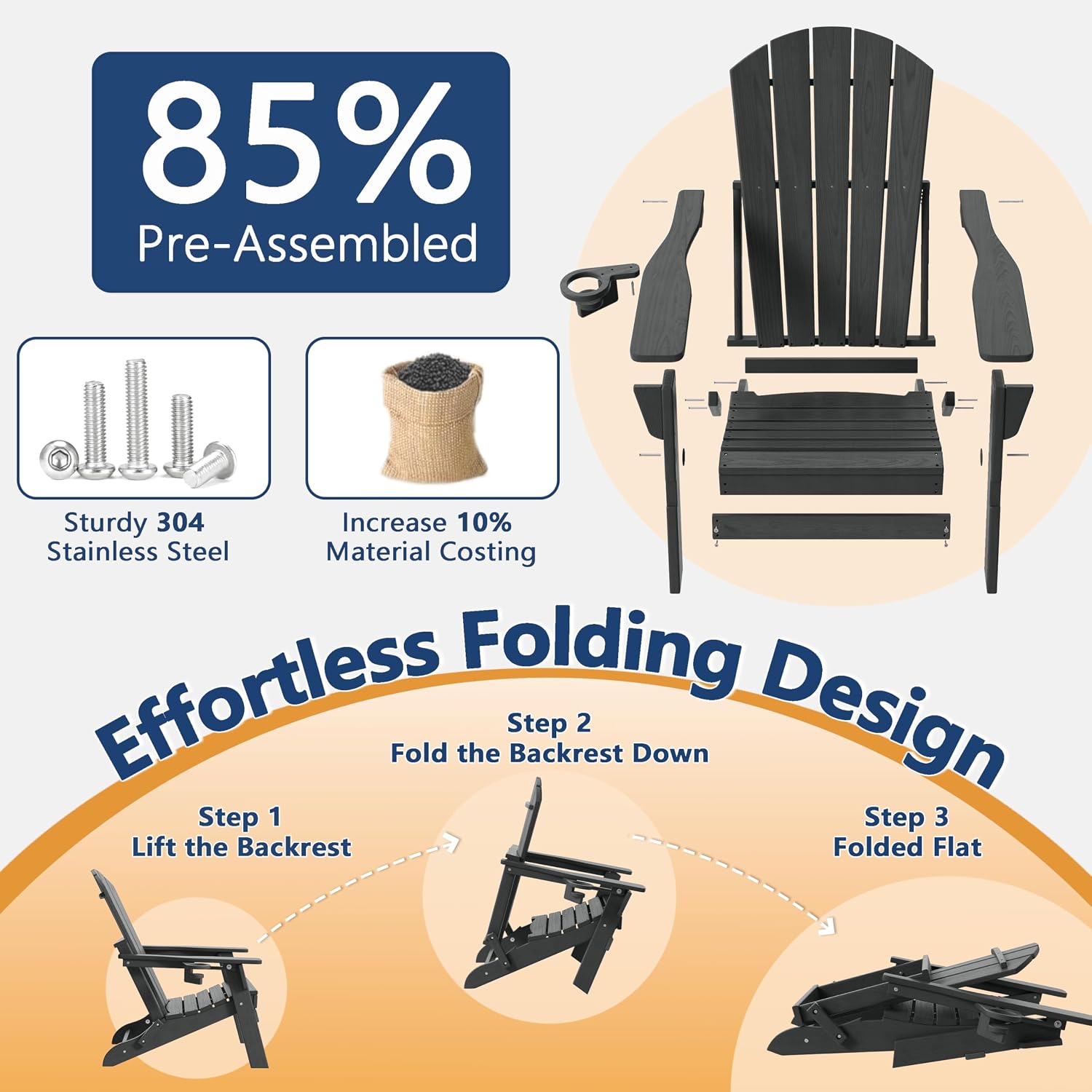 Folding Adirondack Chair with Cup Holder, HDPE All Weather Resistant Plastic Outdoor Patio Chairs, Heavy Duty Fire Pit Seating for Backyard Lawn Garden, Wooden Textured Design(Grey)