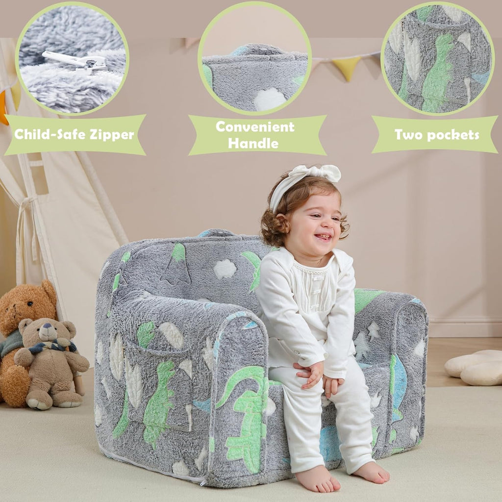 Comfy Toddler Chair,Kids Foam Chair,Kids Armchair Toddler Couch Kids Sofa Reading Chair with Glow in The Dark(Glow Dino)