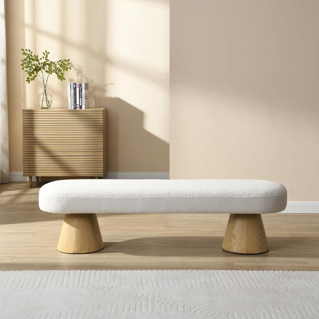 64" L Upholstered Dining Bench with Boucle Fabric and Wood Legs, 300 lb Weight Capacity, Entryway Bench for Dining Room, Bedroom End of Bed, Living Room (Beige)