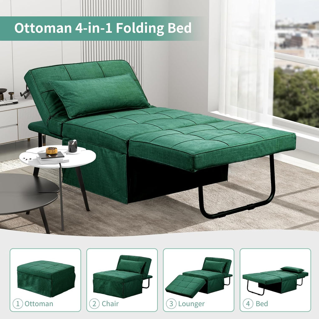 Green Sofa Bed, Convertible Chair 4 in 1 Multi-Function Modern Folding Ottoman Guest Bed with Adjustable Sleeper for Small Room Apartment