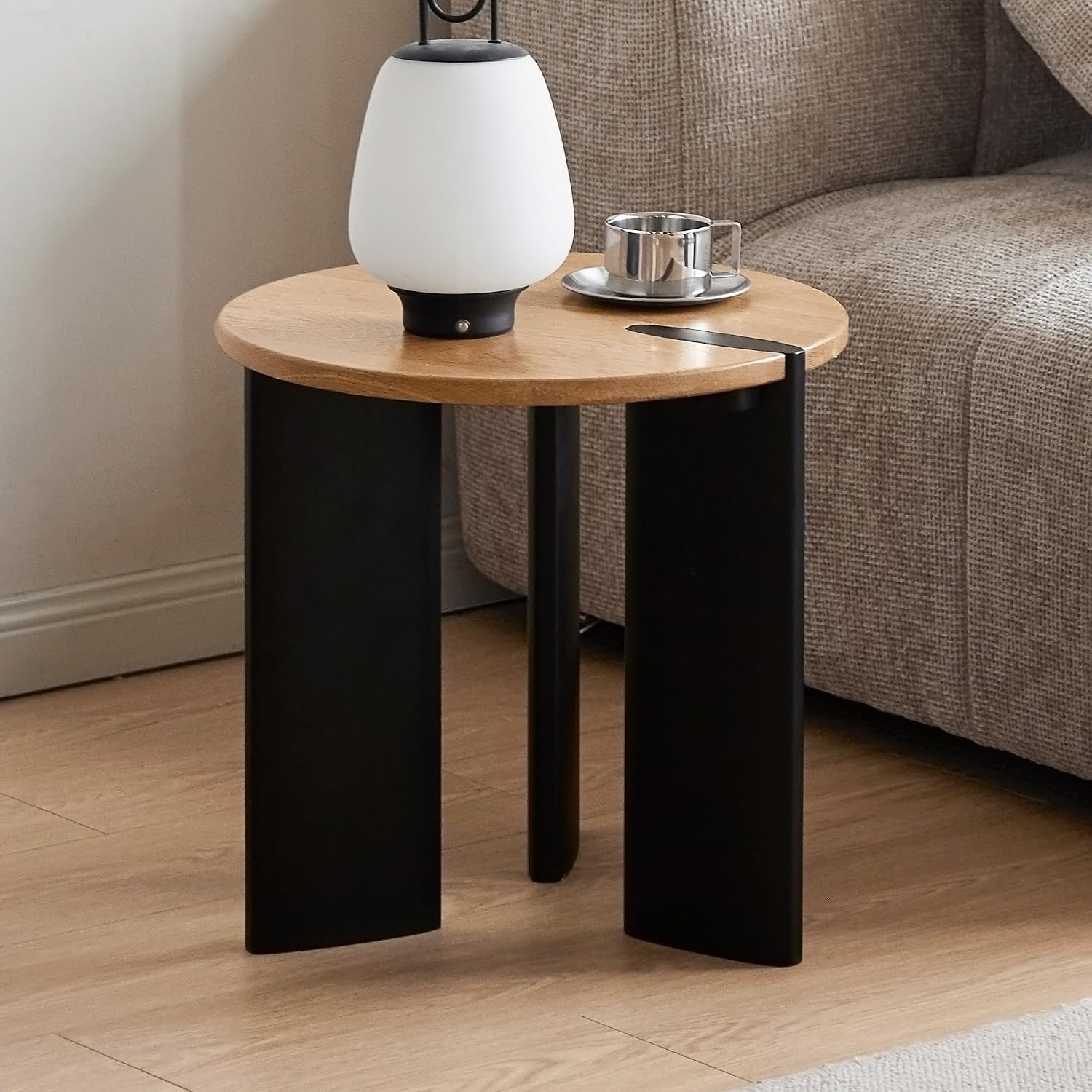 Solid Wood Side Table with 2-Tone Finish, 18.11" Round Side Table for Living Room Balcony, Nature Wooden Bedside Table for Bedroom, 100% Solid Wood Furniture, Solid Oak Natural Top Vintage Black Leg