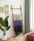 SIBRAD Expandable Blanket Ladder for Living Room, Adjustable Width (17.3"-32.3") Tall Metal Quilt Rack Wall Leaning, Rustic Brown Wood Grain 5-Tier Blanket Holder, Heavy Duty 45 Lbs Capacity