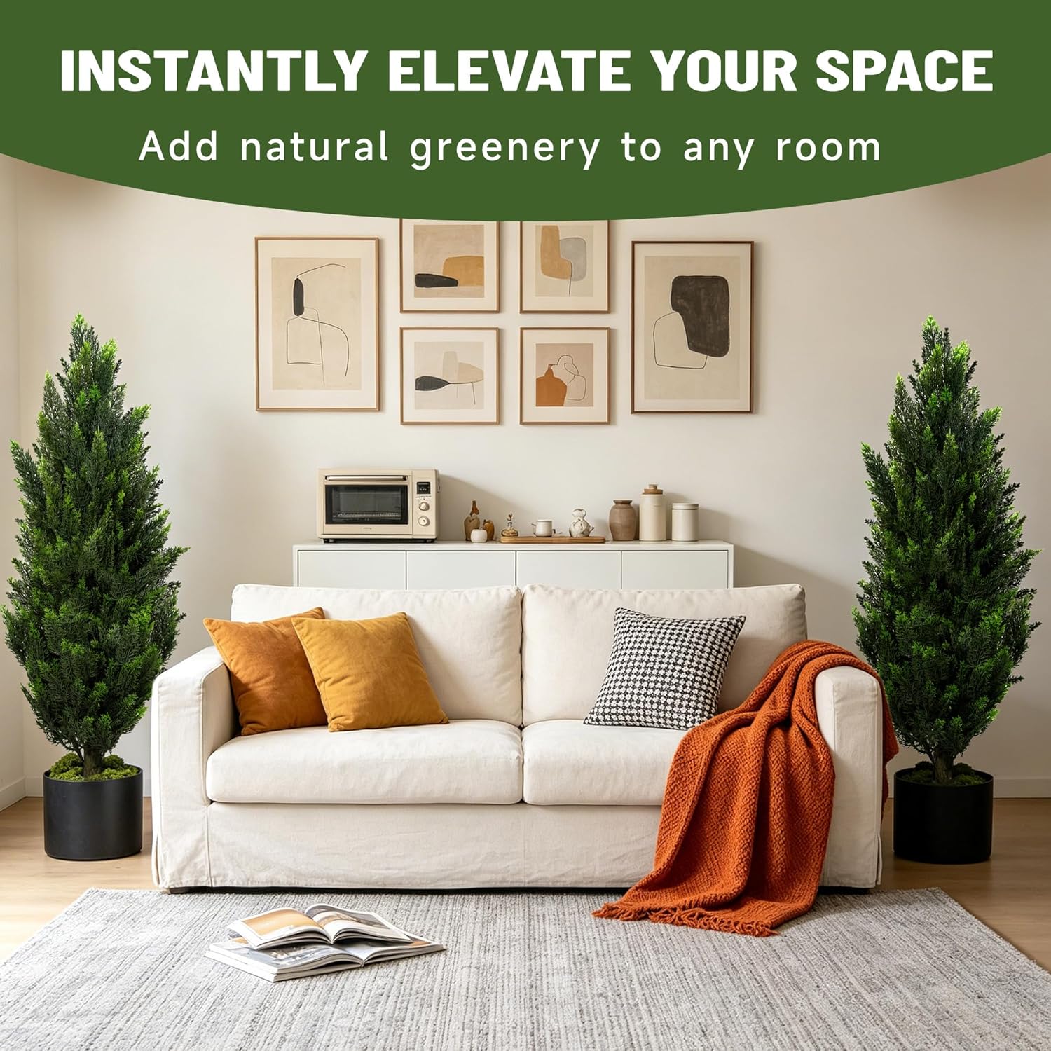 Set of 2 Artificial Topiary Pine Trees 3FT, Dense Faux Cedar Plants with Heavy Weighted Base, UV Resistant Outdoor Fake Trees for Front Door, Porch, Entryway & Indoor Home Decor