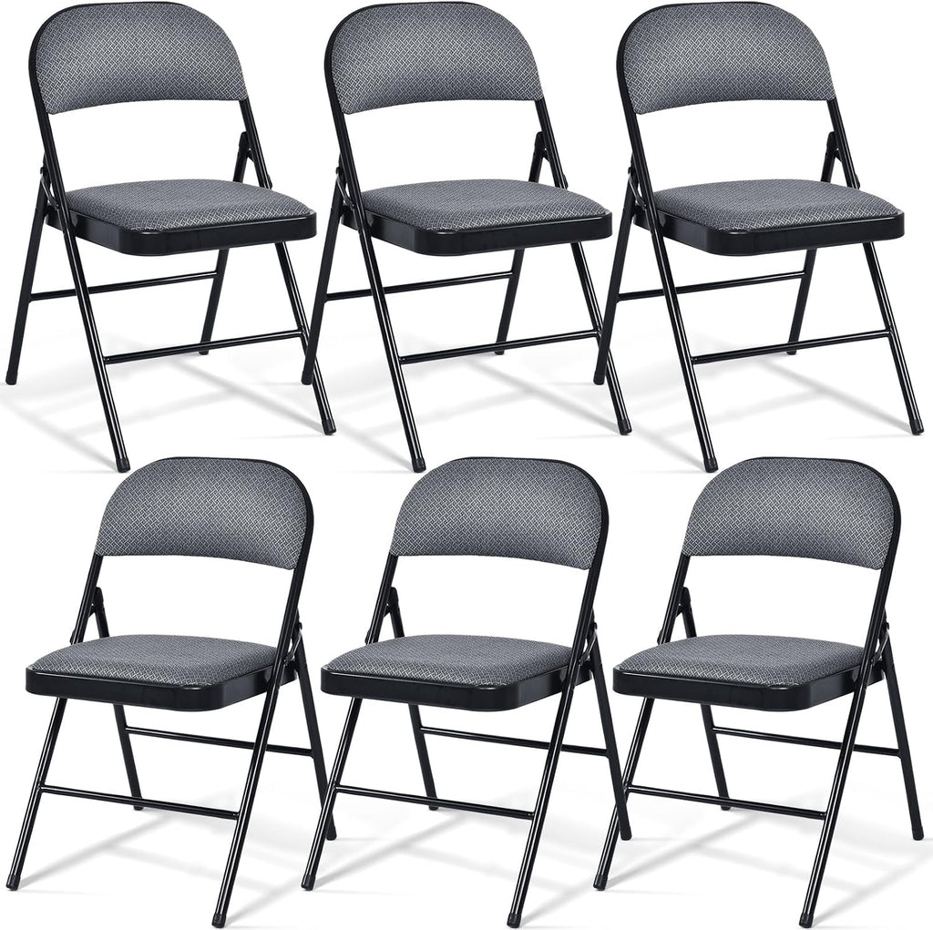 COSTWAY 6 Pack Upholstered Folding Chairs, Foldable Chair with Steel Frame and Fabric Padded Seat & Backrest for Home Office Outside Party Event, Grey & Black