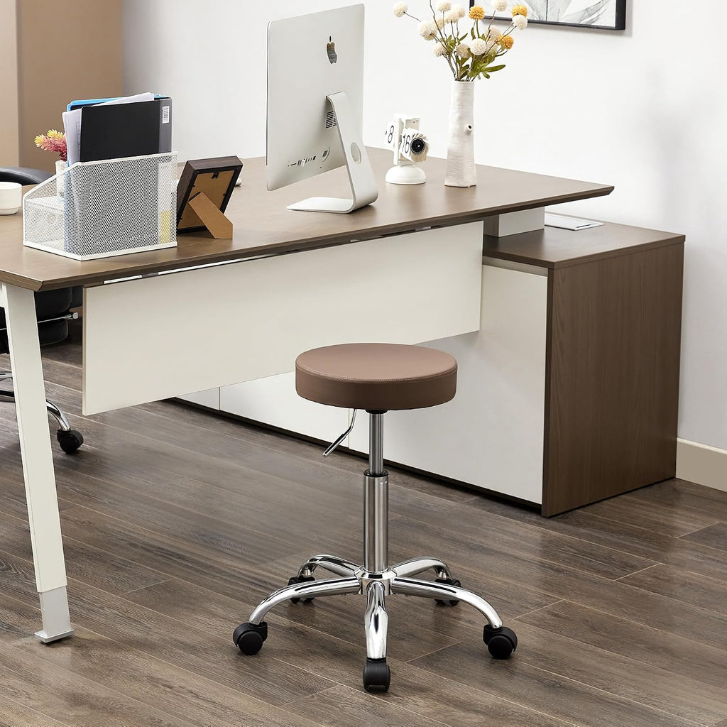 FIRAVOE Adjustable Office Stool with Wheels 19.5"-26.6", Brown Thick Cushion Backless Rolling Chair (Coffee Brown)