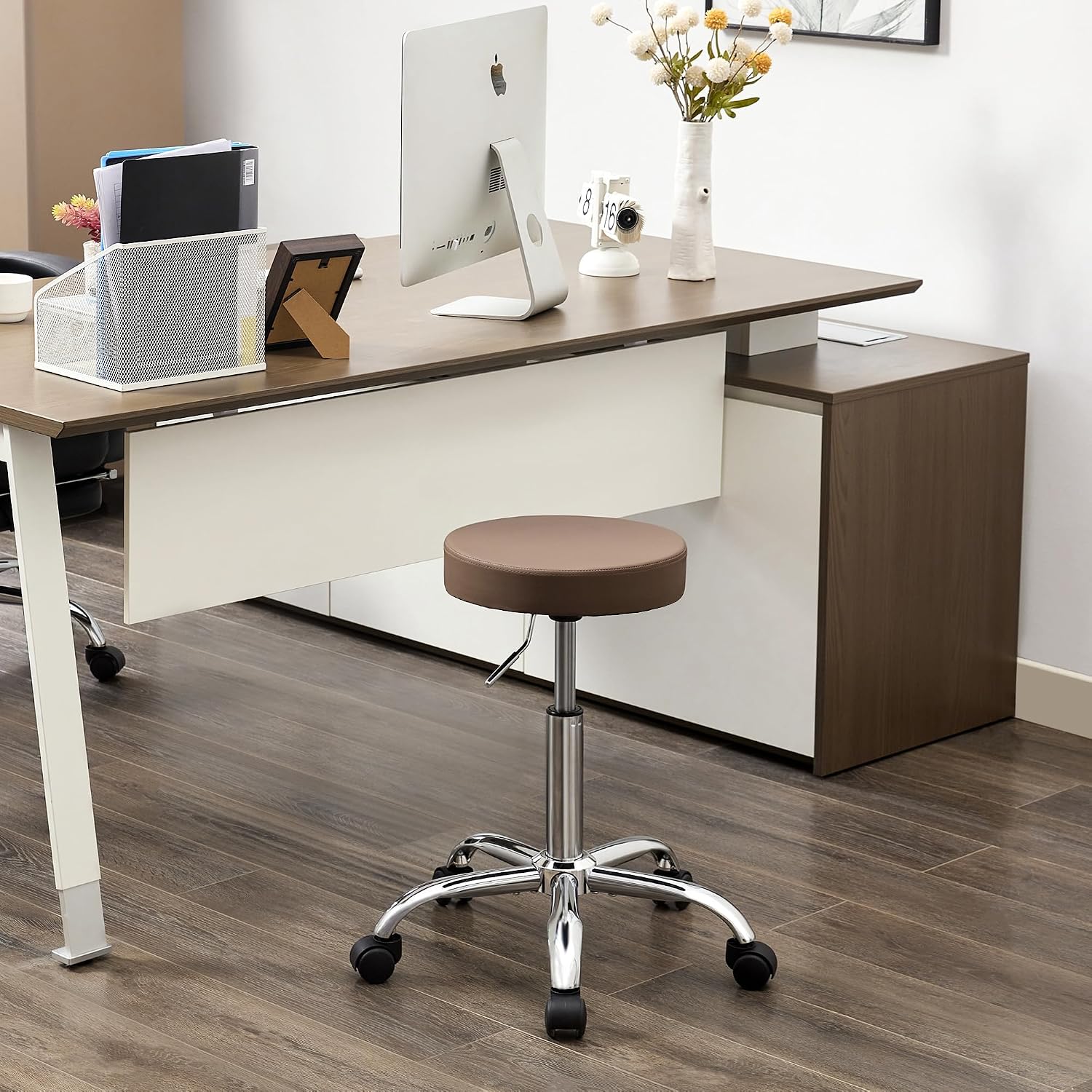 FIRAVOE Adjustable Office Stool with Wheels 19.5"-26.6", Brown Thick Cushion Backless Rolling Chair (Coffee Brown)