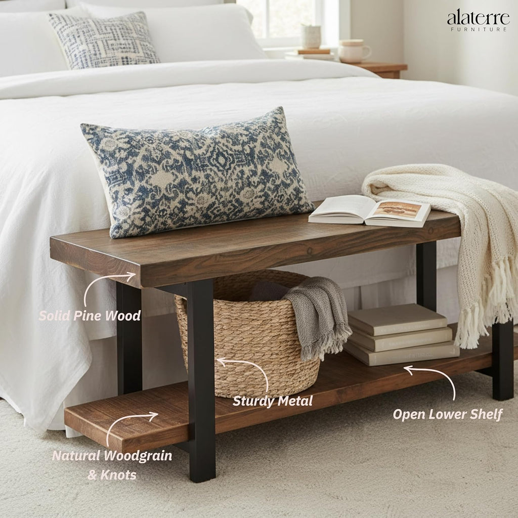 Alaterre Furniture Pomona Entryway Bench – Modern Rustic 48-Inch Solid Wood Bench with Open Bottom Storage Shelf – Farmhouse Hallway Seating for Mudroom or Foyer (Rustic Brown)