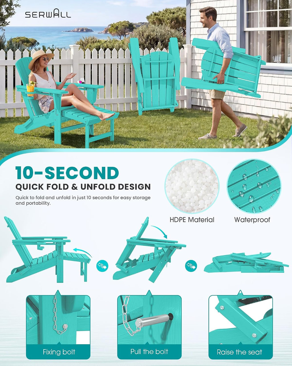 SERWALL Folding Adjustable Adirondack Chairs with Footrest Set of 2, HDPE Outdoor Chair with Dual Cup Holders, All Weather Adirondack Chair with Ottoman, Aruba