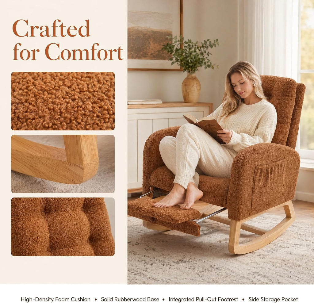Accent Rocking Chair with Footrest, High Back Upholstered Rocker with Rubber Wood Legs, Lounge Armchair with Side Storage Pocket for Living Room Bedroom Nursery (1, Caramel)