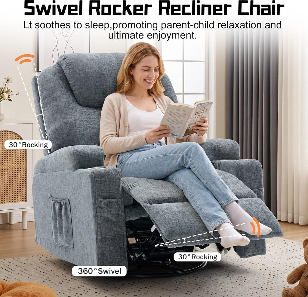 Korser Recliner Chair, 360° Manual Swivel Rocker Chair with Overstuffed Headrest, Rocking Chair with Massage and Heating, Lounge Chair with Cup Holders for Living Room, Bedroom, Nursery, RV, Chenille