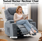 Korser Recliner Chair, 360° Manual Swivel Rocker Chair with Overstuffed Headrest, Rocking Chair with Massage and Heating, Lounge Chair with Cup Holders for Living Room, Bedroom, Nursery, RV, Chenille