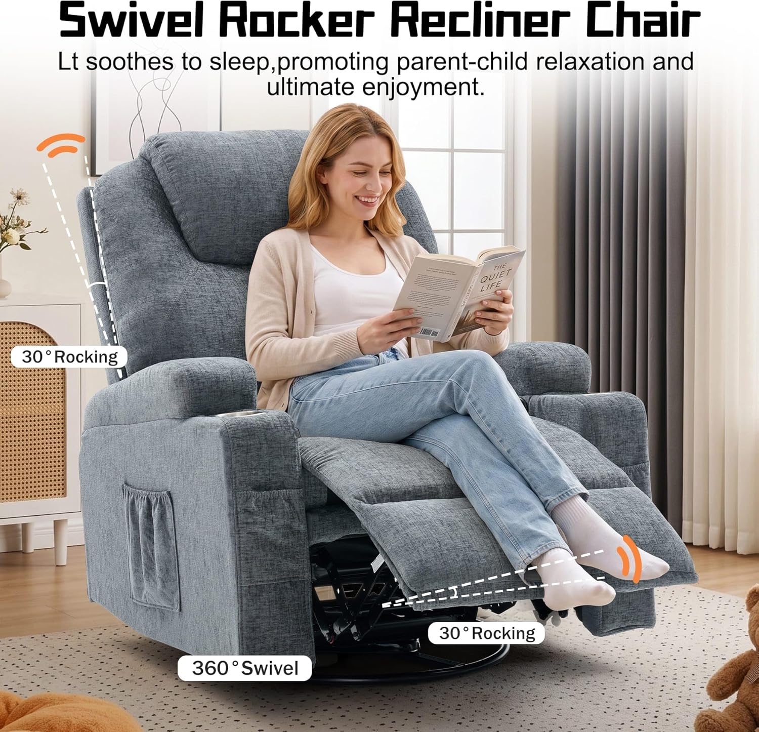 Korser Recliner Chair, 360° Manual Swivel Rocker Chair with Overstuffed Headrest, Rocking Chair with Massage and Heating, Lounge Chair with Cup Holders for Living Room, Bedroom, Nursery, RV, Chenille