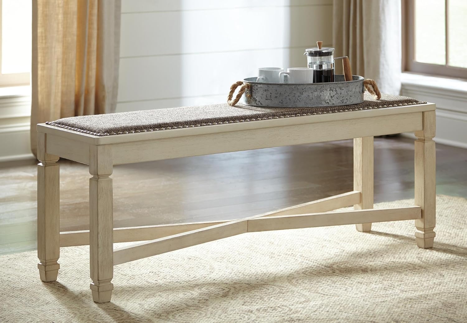 Signature Design by Ashley Bolanburg Casual French Country Upholstered Dining Room Bench with Nailhead Trim, Heavy Woven Fabric, Wood, Antique White & Tan